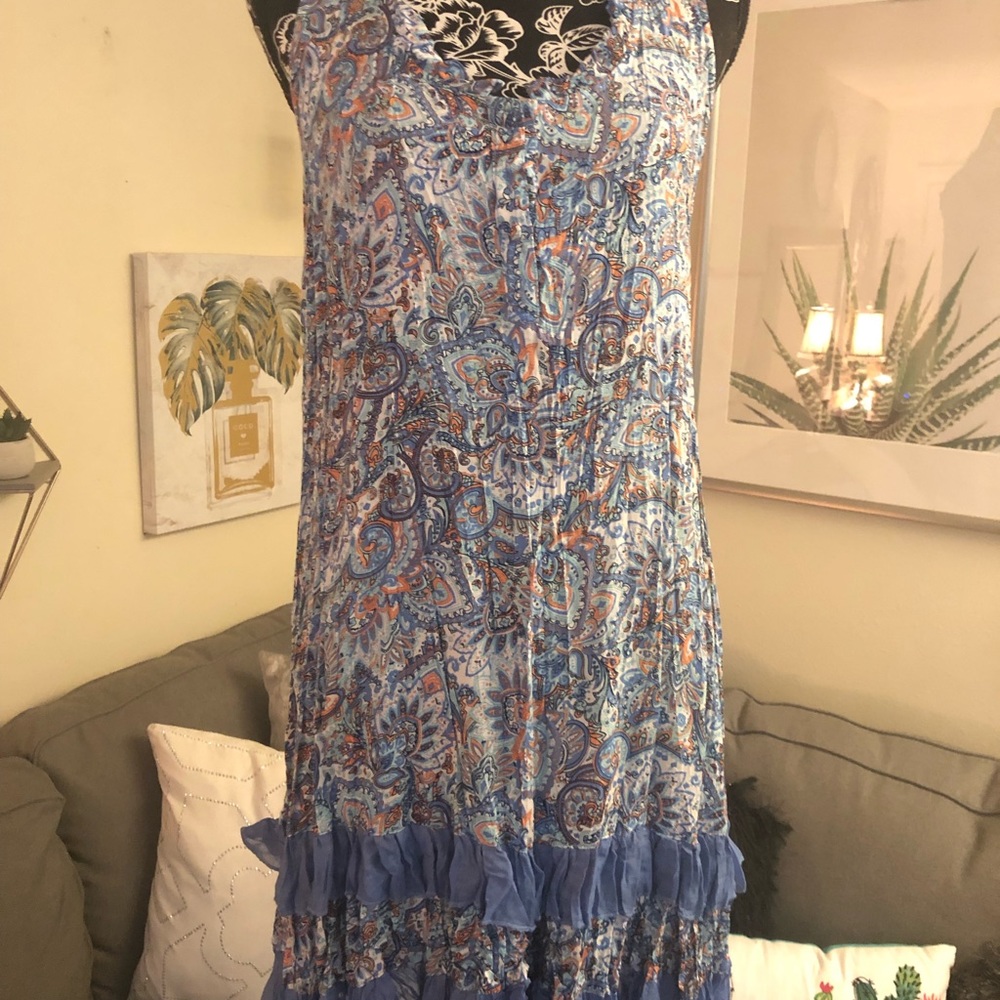 Papillon multi blue dbl ruffle slip dress